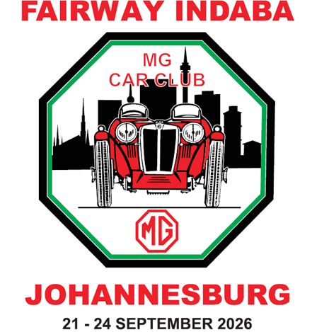 MG Car Club event in Johannesburg: Red car illustration with city skyline, dates, and logo.