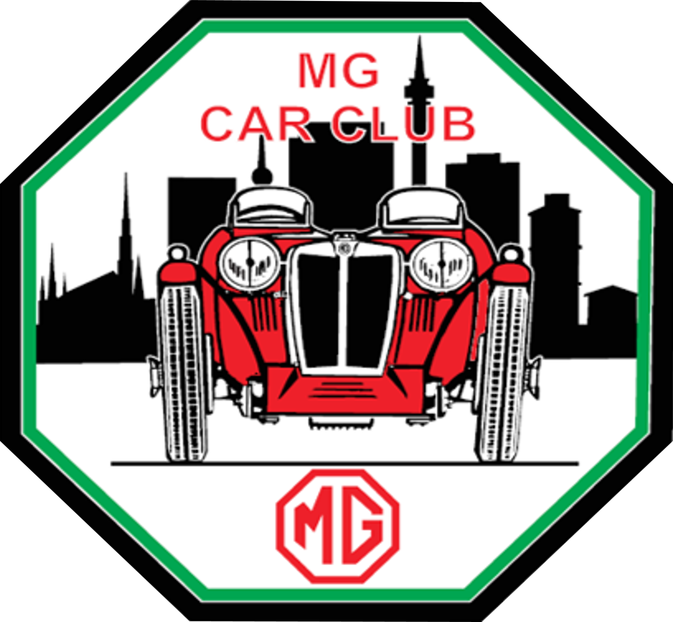 MG Car Club logo: Red MG car in front of a city skyline, with club text.