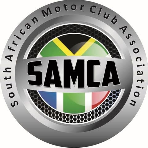SAMCA logo: South African Motor Club Association emblem. Silver with South African flag and 