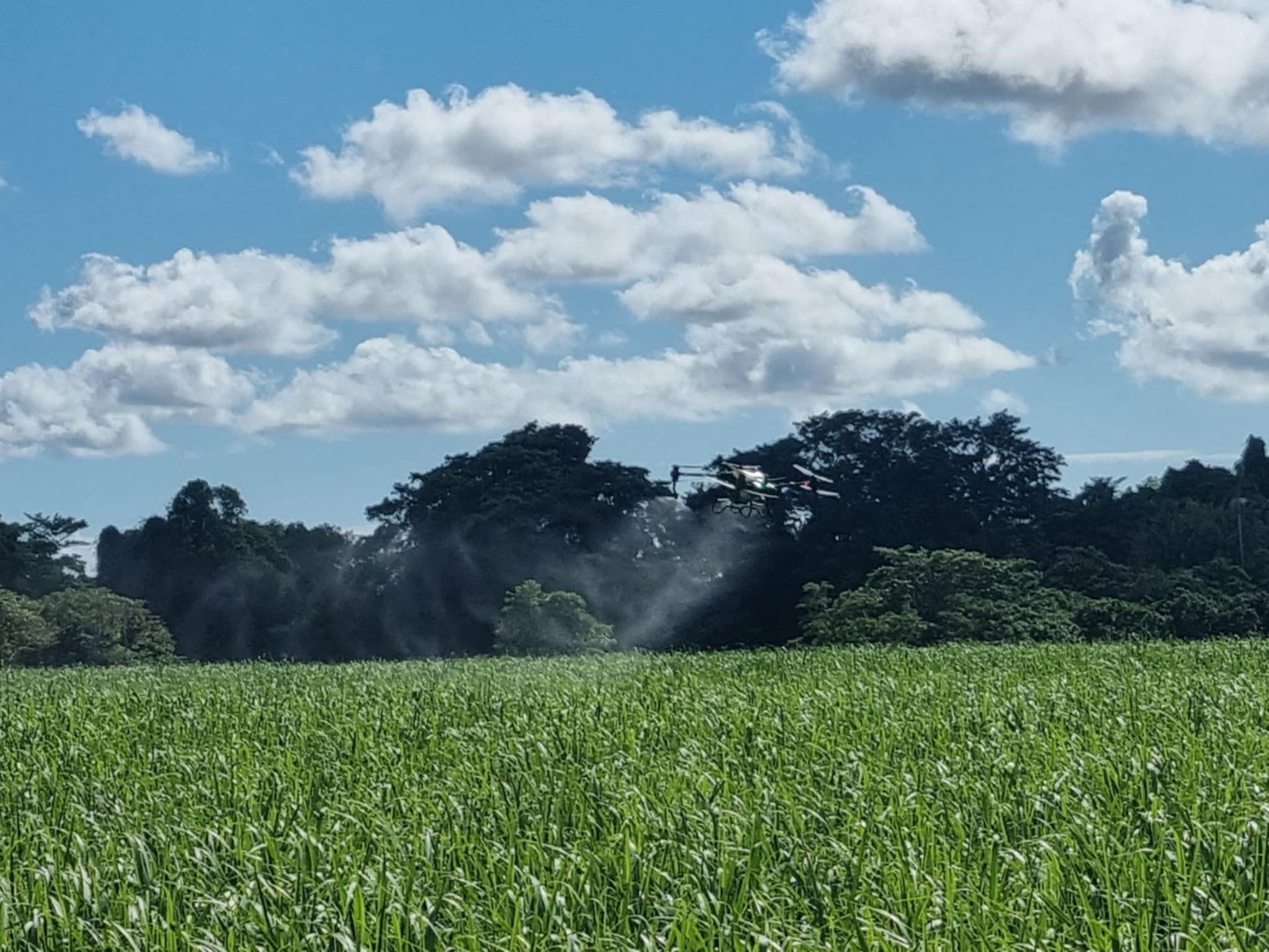 Green Field with Irrigation Spray Under a Partly Cloudy Blue Sky — Jetstream Aerial Services in Te Kowai, QLD