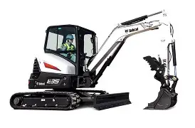 A white and black Bobcat E35 compact excavator on tracks, shown from the side with its arm and bucket extended forward.