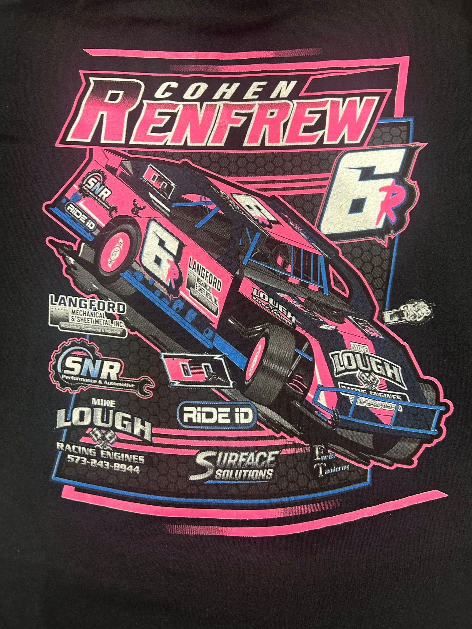 Black t-shirt with a pink and blue race car graphic, featuring the names Cohen and Renfrew and the number 6.