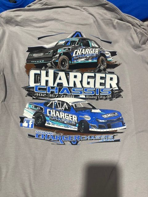 A grey t-shirt featuring two Charger Chassis race cars and the company logo printed in blue and white.