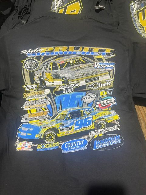 Black t-shirt with racing graphics featuring cars numbered 5 and 96, surrounded by various sponsor logos.