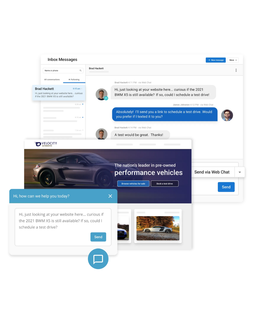 Screenshot of chat interface and a website with a car, with a chat bubble overlay.