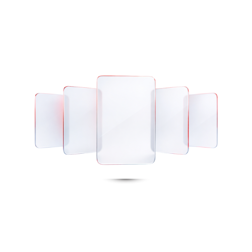 Logo with red symbols on white background, with a series of nested rectangles over a gray gradient.