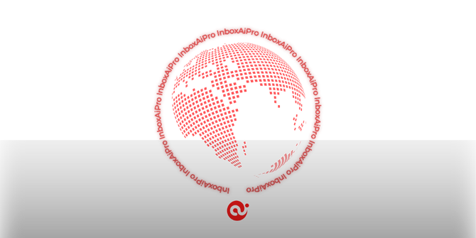 Red globe made of dots inside a ring of words, on white and gray background.