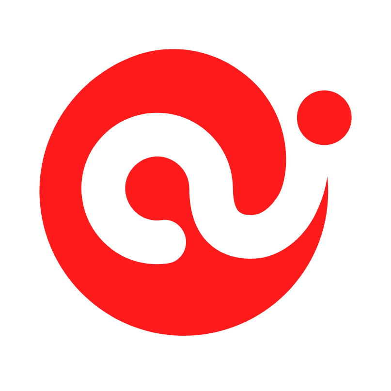 Red logo with a stylized 