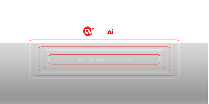 Red and white design with the letters Q+ and AI. A rectangular shape with multiple red outlines.