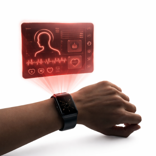 Business card with a photo and social media icons, with red accents on a white and gray background.