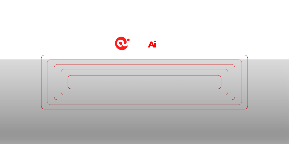 Logo with red symbols on white background, with a series of nested rectangles over a gray gradient.