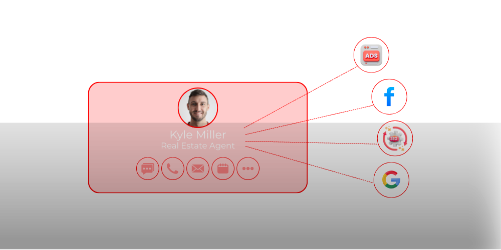 Business card with a photo and social media icons, with red accents on a white and gray background.