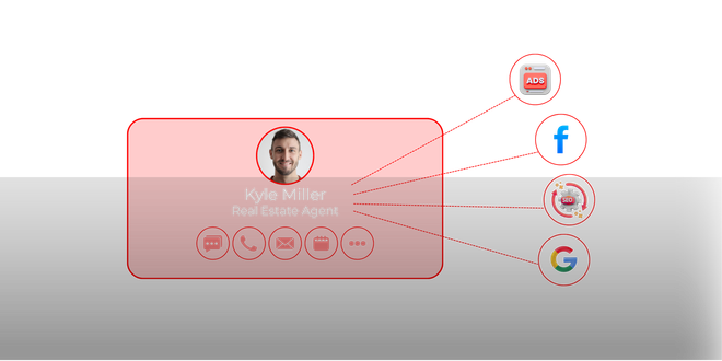 Business card graphic, with a photo and social media icons. Red and white.