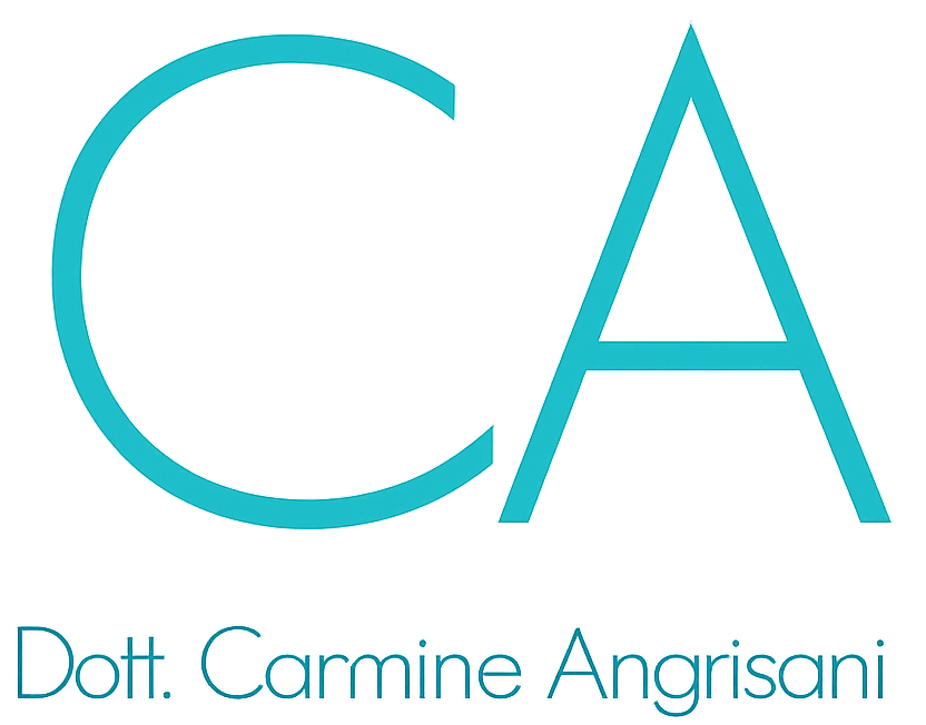 Logo "CA" turchese con il nome "Dott. Carmine Angrisani" sottostante.