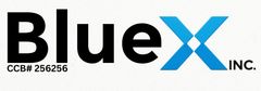 A blue and black logo for Blue X Inc.