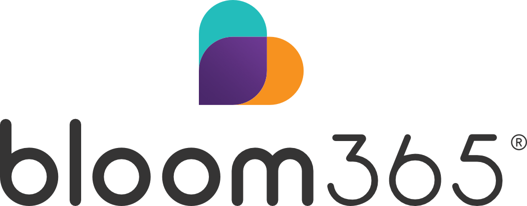 The logo for bloom 365 has a heart in the middle of it.