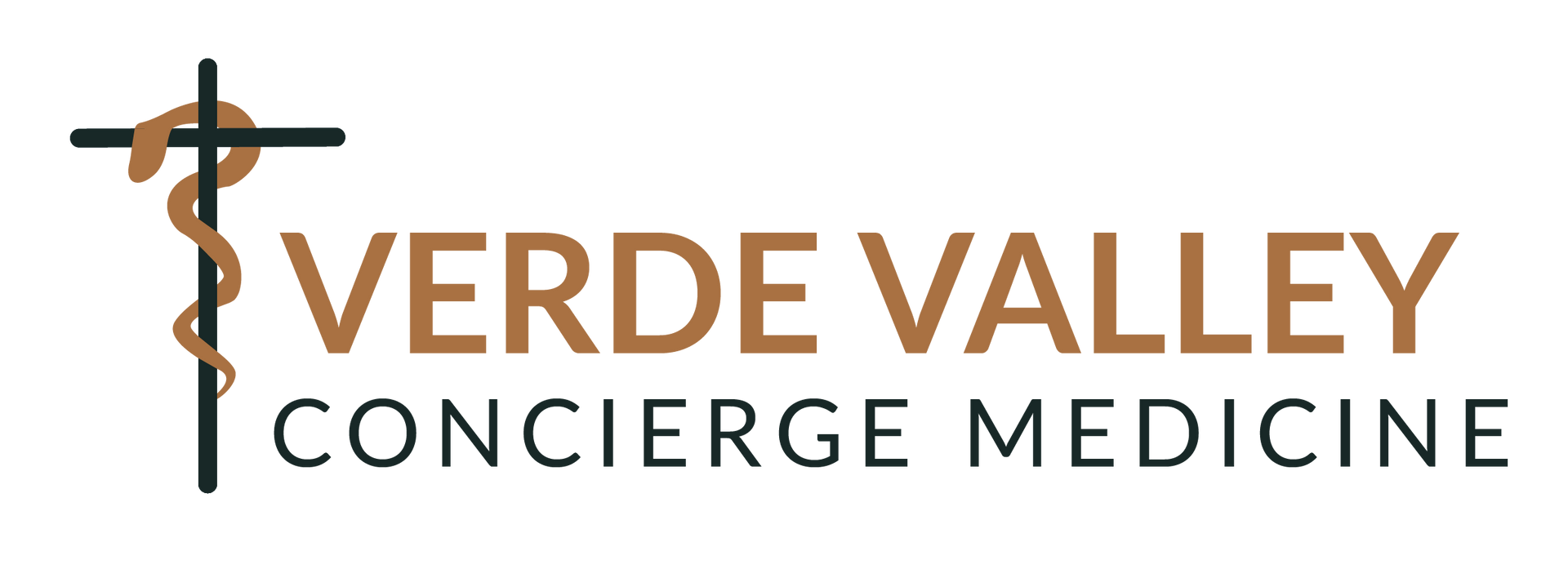 The logo for verde valley concierge medicine has a cross and snake on it.