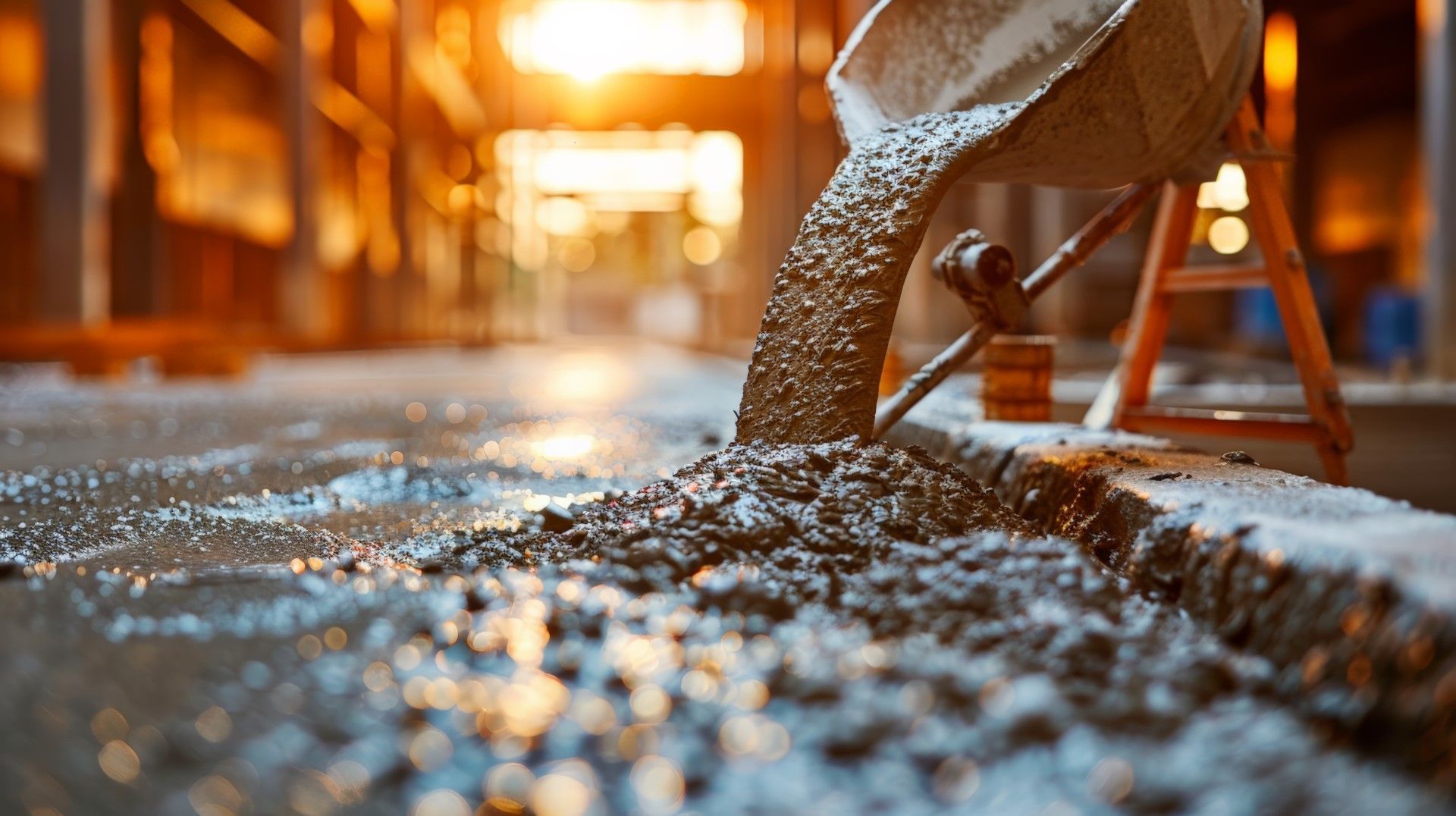 Concrete being poured from a wheelbarrow onto a surface, with an industrial setting and warm lighting.