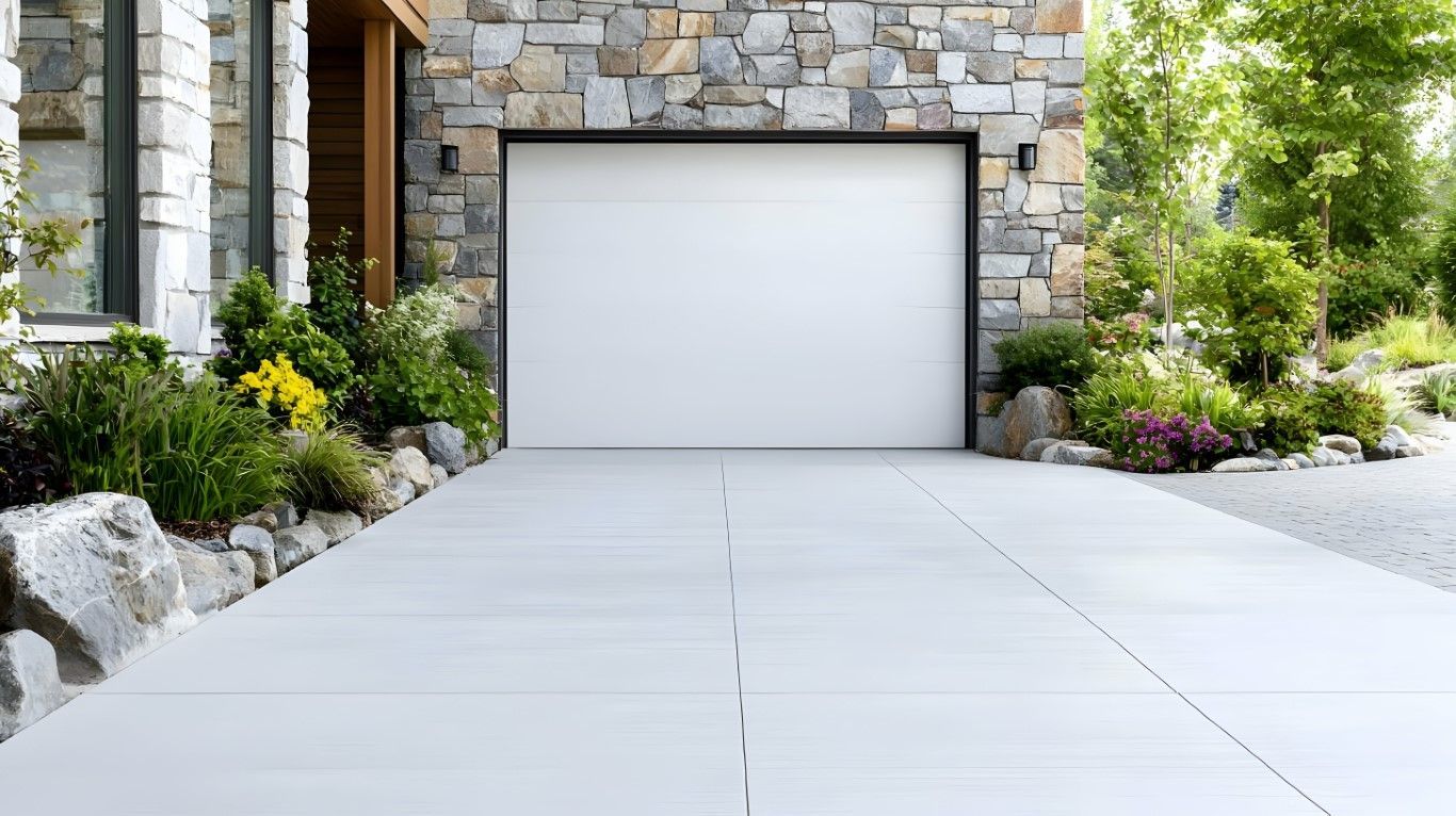 White garage door with black trim, on a stone house, with a concrete driveway and landscaping.