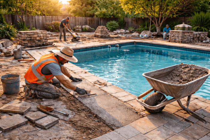 Concrete being poured from a wheelbarrow onto a surface, with an industrial setting and warm lighting.