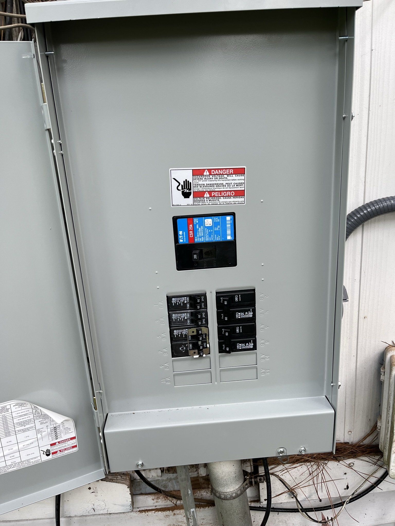 A large electrical box is sitting on the side of a building.