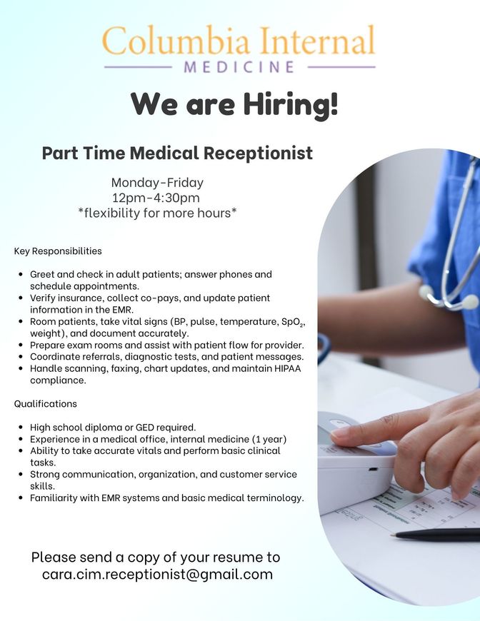 Hiring Part-Time Medical Receptionist
