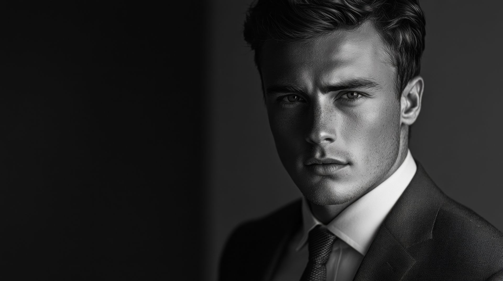 Mann im Anzug, der intensiv starrt. Dramatische Beleuchtung, Schwarzweiß.