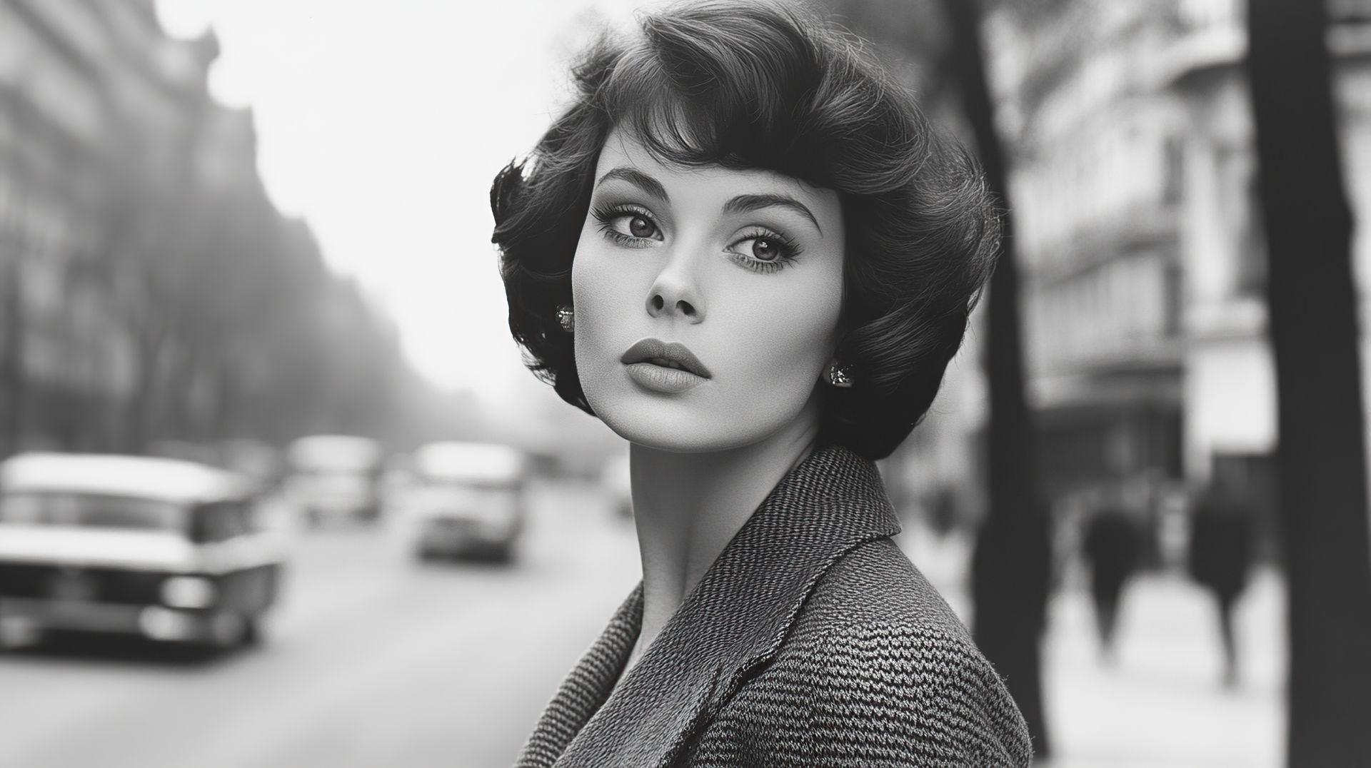 Frau mit gelocktem Haar posiert im Freien, trägt eine Tweedjacke, klassischer Stadthintergrund.