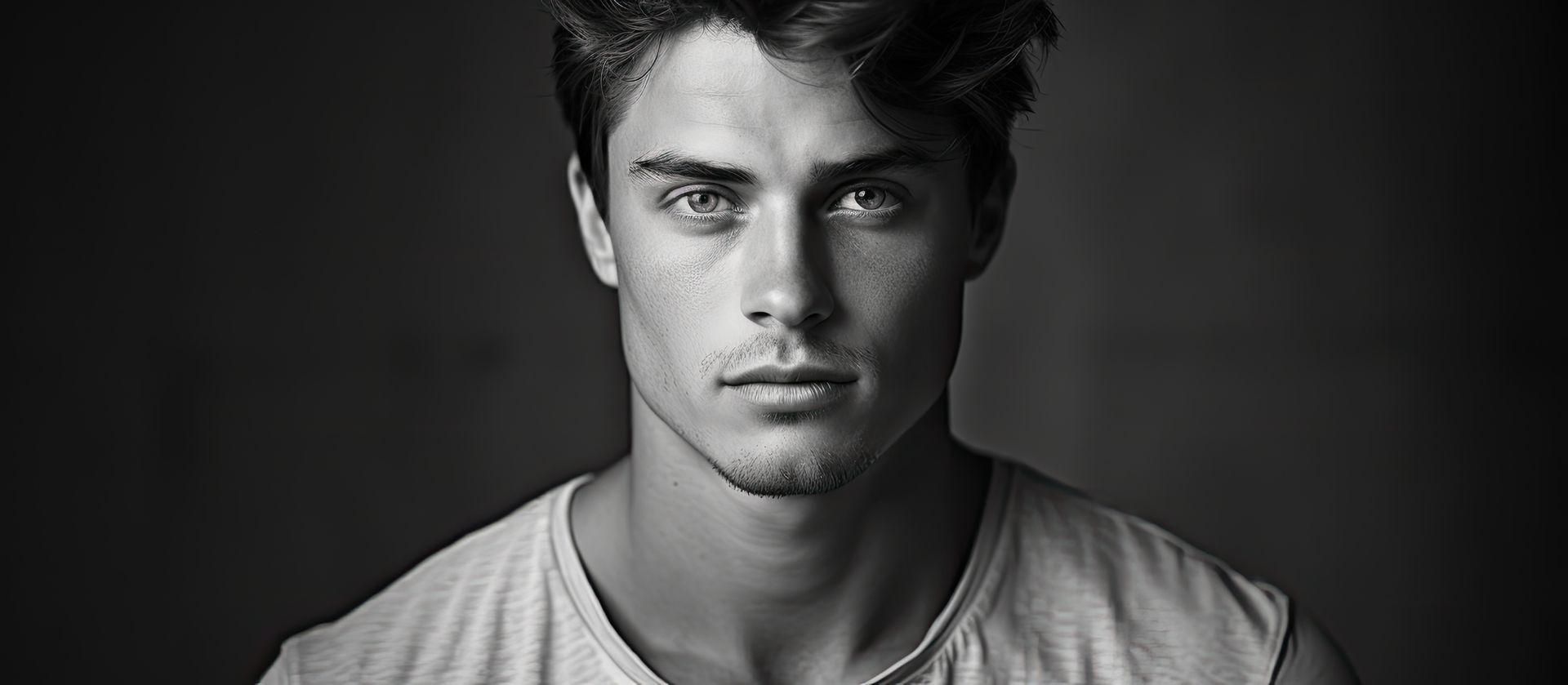 Mann mit ernstem Gesichtsausdruck, in einem Graustufenporträt.