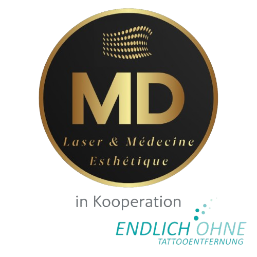 Logo für MD Laser & Médecine Esthétique, in Partnerschaft mit ENDLICH OHNE TATTOOENTFERNUNG. Schwarzer Kreis mit weißem Text.