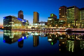 A city skyline at night