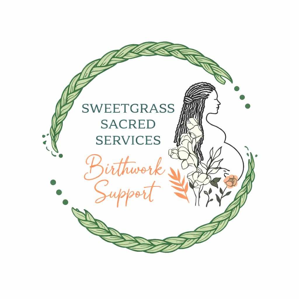 Logo: pregnant person silhouette, flowers, leaves, 