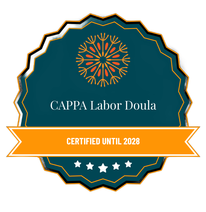 CAPPA Labor Doula certification badge. Teal and orange colors, certified until 2028.