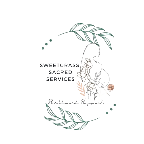 Logo: pregnant person silhouette, flowers, leaves,