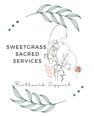 Logo with pregnant figure, leaves, and text: