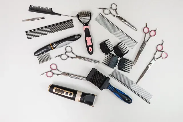 Dog grooming tools on a white surface, including combs, clippers, scissors, and a brush.