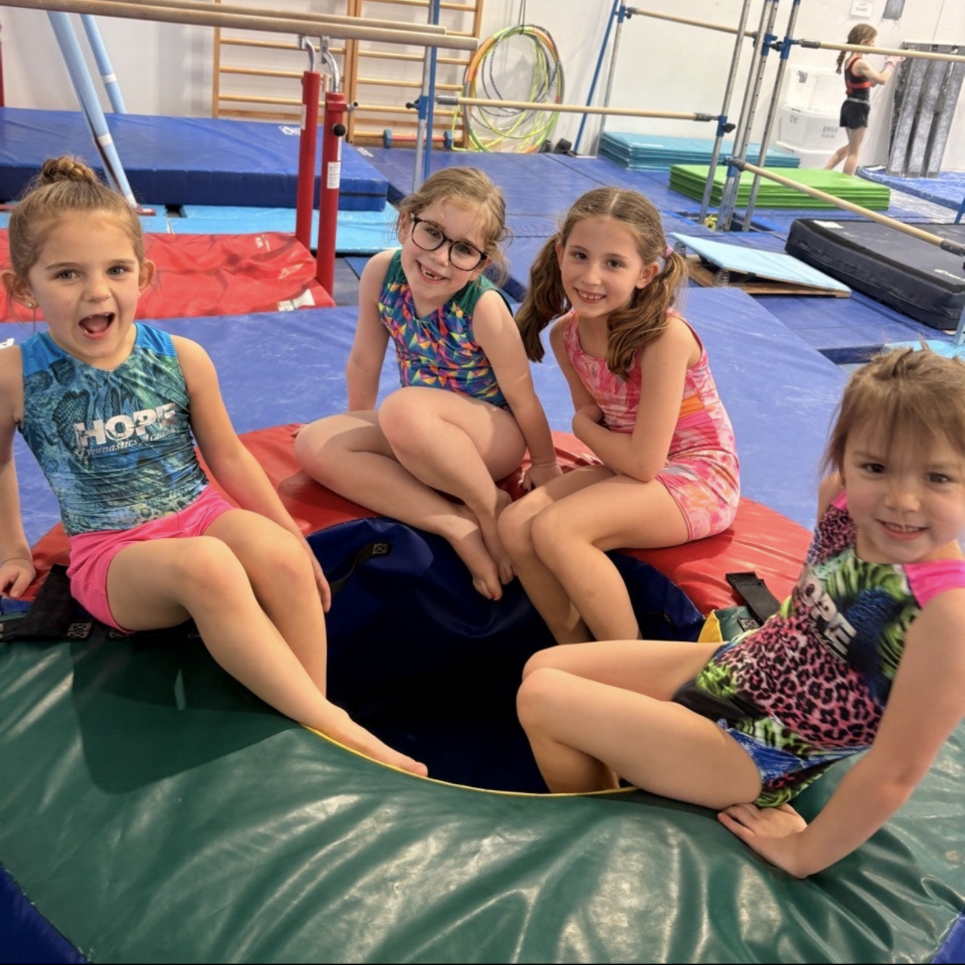 A gymnast in a purple leotard is standing on a balance beam
