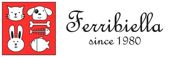 Logo per Ferribiella, caratterizzato da un quadrato rosso con faccine di animali e il nome dell'azienda in corsivo.