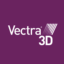 Logo Vectra 3D su sfondo viola. Testo bianco con linee oblique.