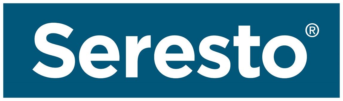 Logo Seresto in testo bianco su sfondo rettangolare blu con simbolo di marchio registrato.