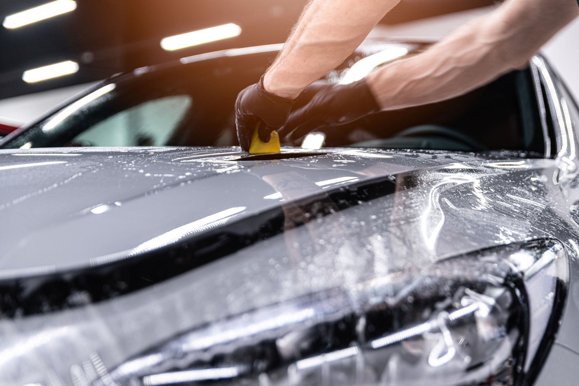 A person in black gloves uses a yellow squeegee to apply a clear protective film to a grey car hood.