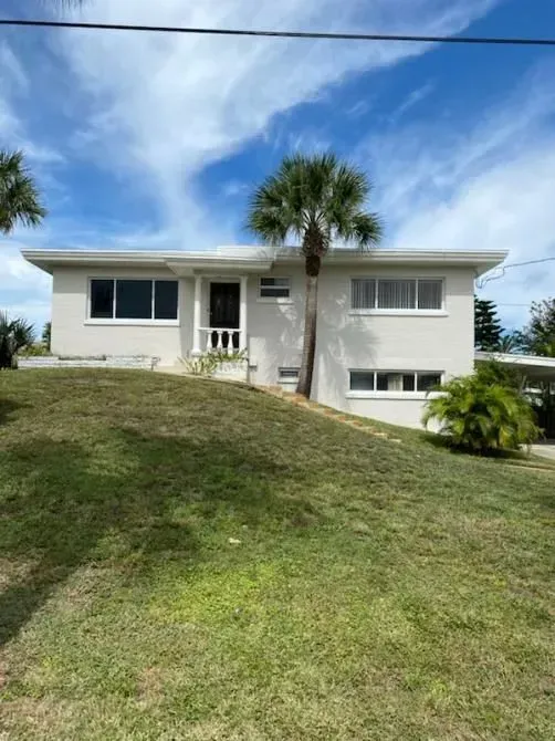 A white house with a palm tree in front of it