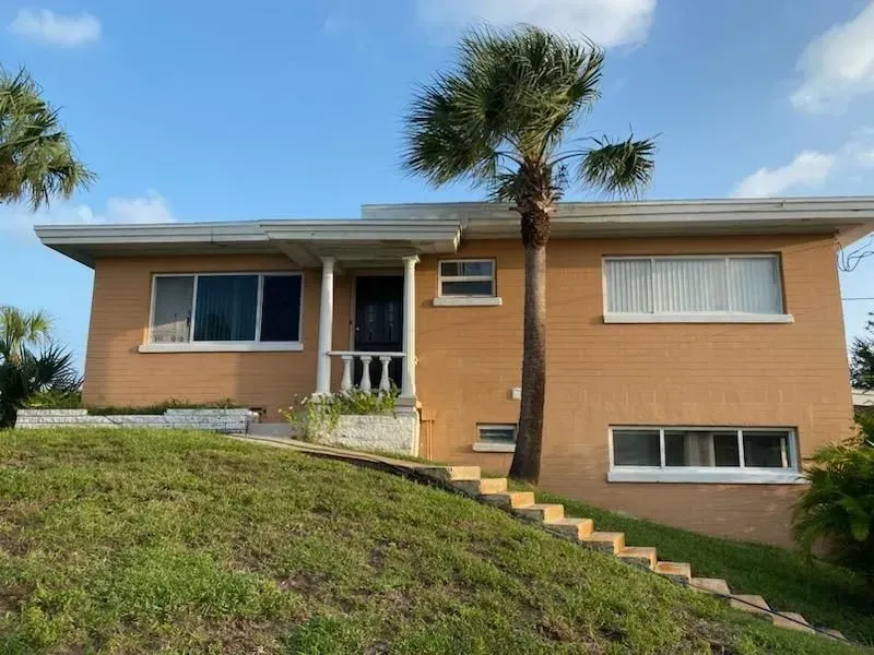 A house with a palm tree in front of it