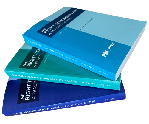 Three books are stacked on top of each other titled the right to know law a practice guide