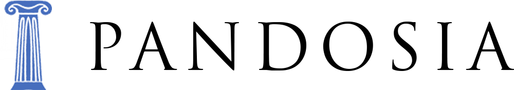 Logo von Pandosia, ein Name neben einer blauen ionischen Säule.