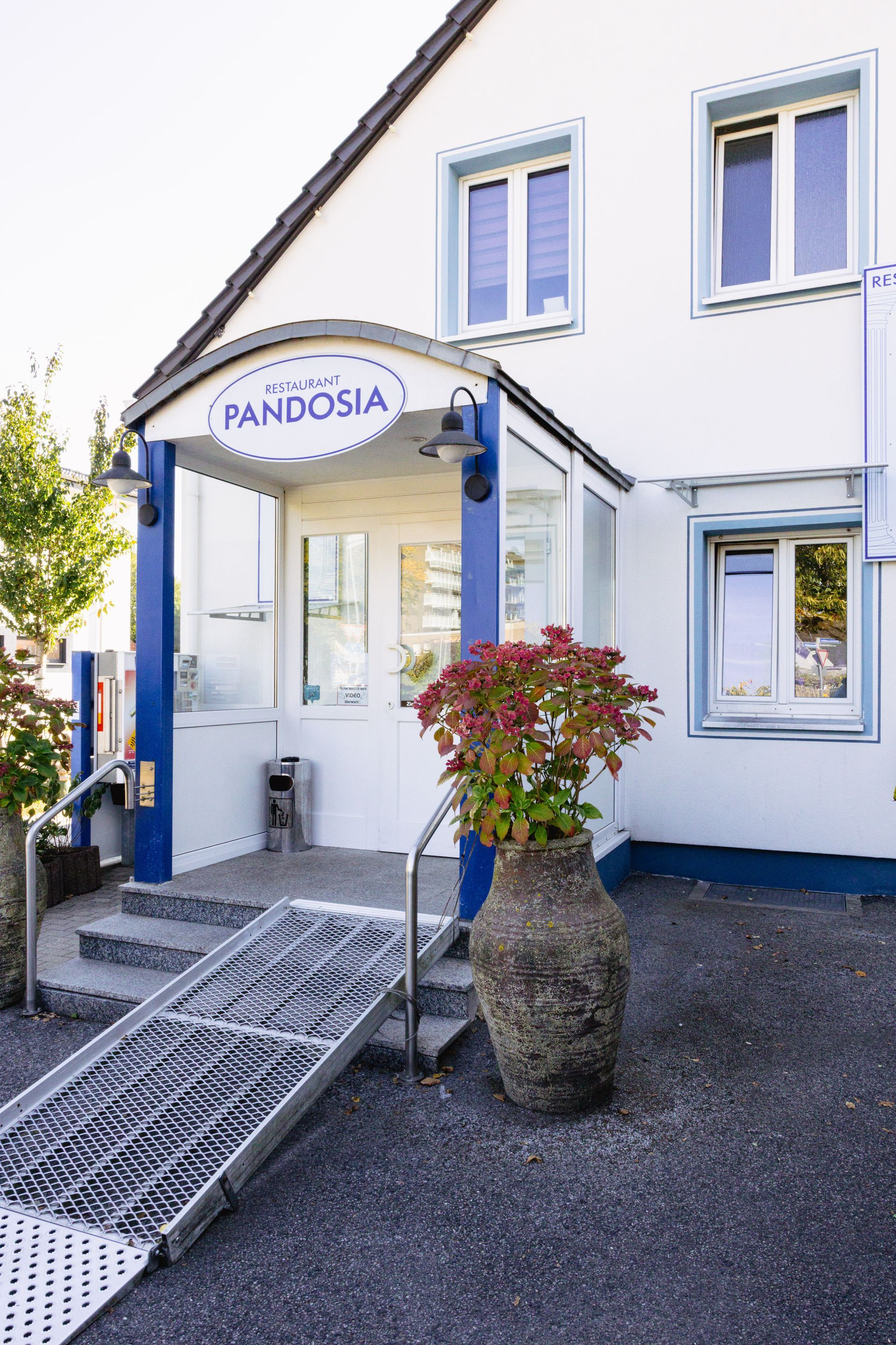 Eingang zum Gebäude „PANDOSIA“ mit blauen und weißen Akzenten, Rampe und großer Topfpflanze.