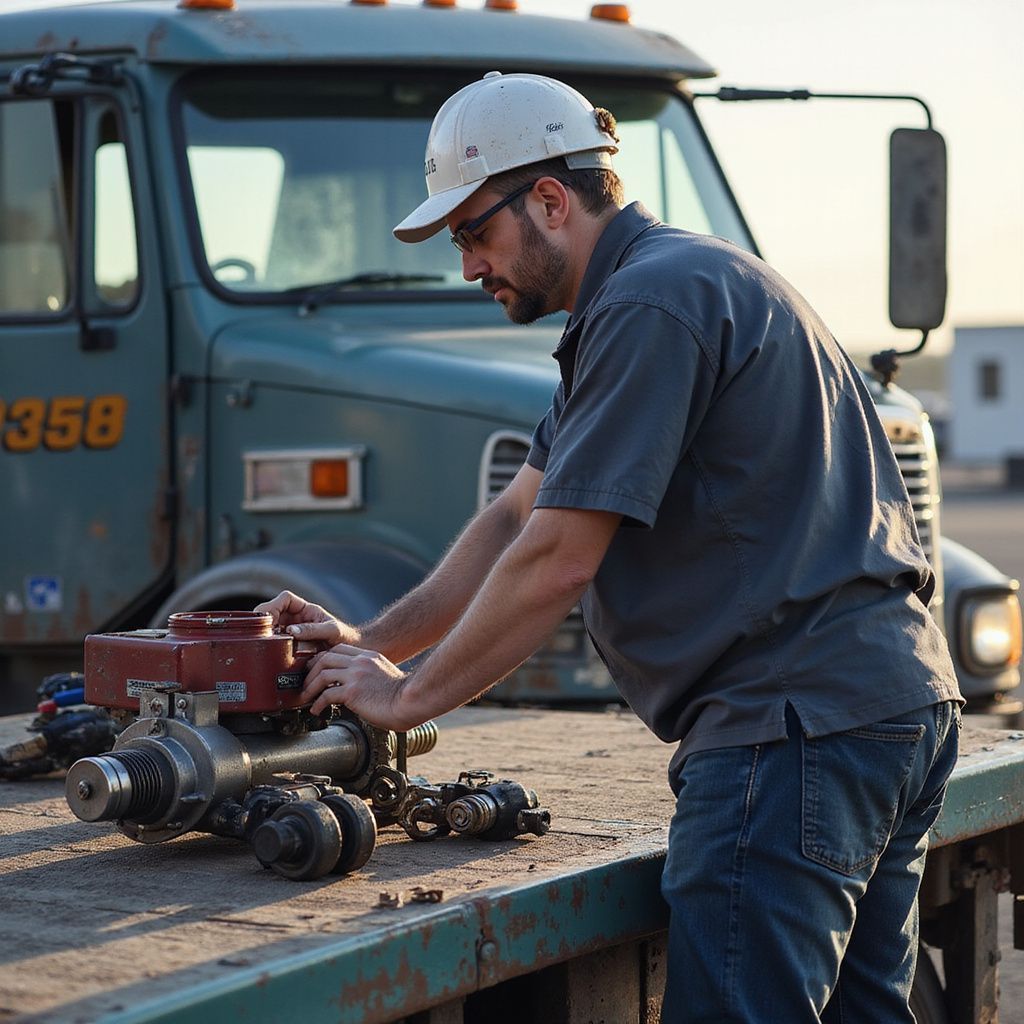 Mechanic in work clothes and hard hat repairs machinery on a truck bed.