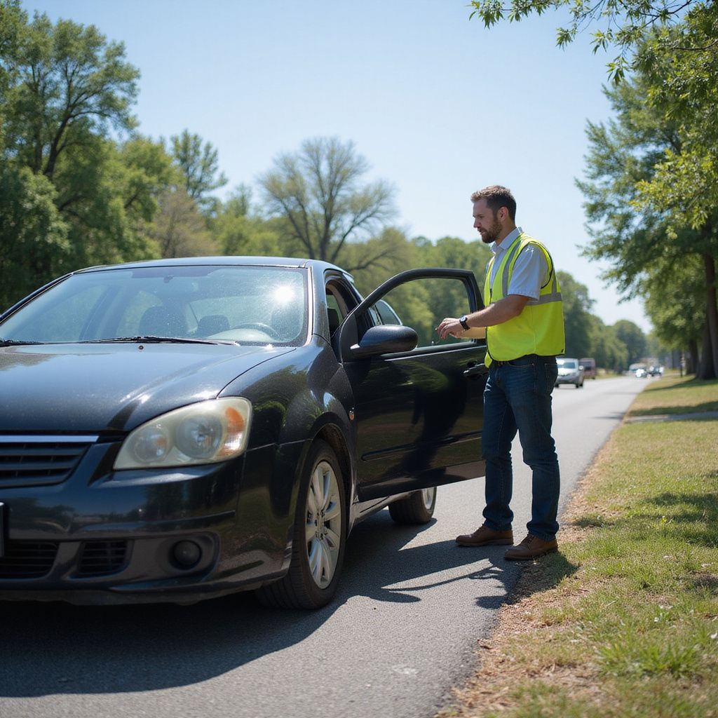Man in a yellow vest standing next to a black car on a sunny road.