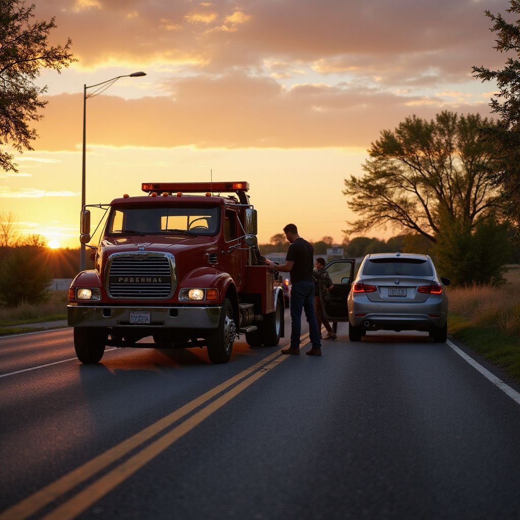 Tow truck at sunset assisting a silver car on a rural road.