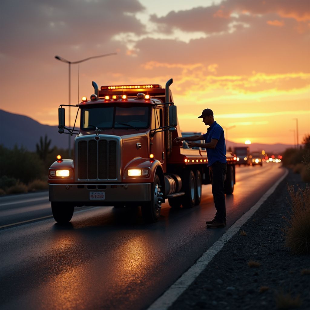 Truck on a highway at sunset. A person stands near the truck, and other vehicles are visible in the distance.